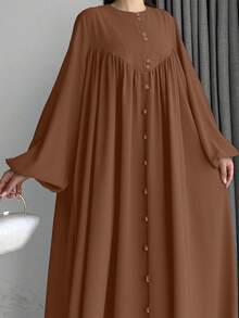 女士优雅仙女风单排扣灯笼袖长款阿拉伯连衣裙 春季 - 卡其色 - 查看 6