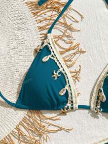 Bikinx Conjunto de bikini de copa triangular para playa con decoración de cinta de unicolor, puntada y concha, con cordones