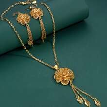 Set van 3 stuks, vergulde 18K realistische 3D rozenbloem hanger ketting en oorbellen, blad kwast ontwerp, mode luxe Dubai stijl, geschikt voor bruiden, bruiloft, feest, vakantie cadeaus voor vrouwen
