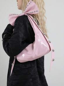 Bolso de mano vintage rosa con personalización de remaches y moño desmontable con forma de media luna de 2 vías, de gran capacidad, tipo bandolera y de hombro, adecuado para primavera/verano, oficina, viajes, casual, compras, citas, regalo para mujeres jóvenes, estudiantes y damas trabajadoras