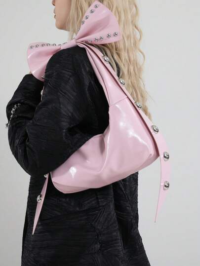 Pink Vintage Personalized Rivet Bow Decor Detachable 2-Way Crescent-Shaped Handbag, Large Capacity Shoulder Crossbody Bag, Suitable For Spring/Summer Office, Commute, Casual, Travel, Shopping, Dating, Gift For Young Women, Students, Working Ladies