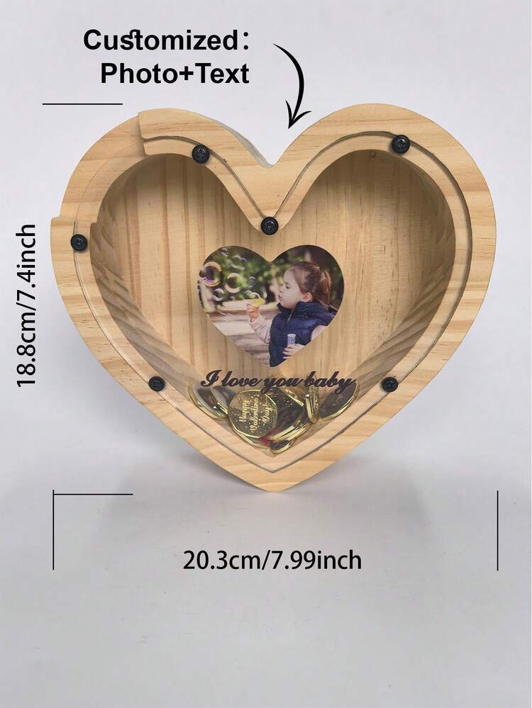 定制 1 件木制心形亚克力存钱罐，内含 1 张照片和 1 个英文文字，家居装饰，情人节礼物、定制周年纪念、结婚礼物、手工工艺品、独特纪念品、情侣礼物的完美之选 - 原木色 - 查看 6