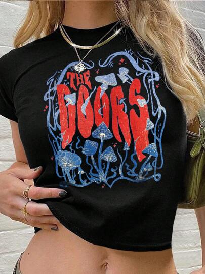 Fitted Women Y2K Short Sleeve T-Shirt, Band Logo, Colorful Mushroom Print Design, Suitable For Teens And Young Adults, Suitable For Daily Outings, Gatherings And Parties