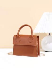 Shiny Lacquered Leather Fashion Chain Handbag - Brown - View 2