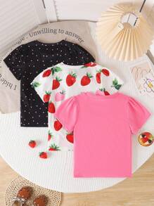 3pcs/Set Girls Cartoon Strawberry & Letter Print Long Sleeve Top + Polka Dot Short Sleeve Crew Neck T-Shirt - Multicolor - View 2