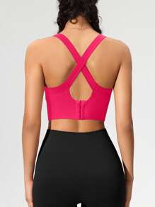 Seamless High-Elasticity And High-Support Sports Bra,Women Underwear Detachable Chest Pad With Cross-Strap Design,Women's Fitness Solid Color Simple Yoga Bra,Women Soft And Comfortable Sports Tops ,Multi-Color Options (Black/Brown/Blue/Hot Pink/Gray/Red) - 玫紅色 - 查看 5