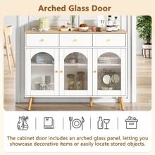 Esszimmerschrank mit Stauraum, Kaffeebarschrank mit 3 Schubladen und 3 gewölbten Türen mit Einscheibensicherheitsglas, TV-Schrank mit Stauraum, Dekoschrank mit 2 Seitentüren mit Einscheibensicherheitsglas, Dekotisch für TV-Entertainment in geschwungenem Design, Kommode weiß 4 Schubladen für Esszimmer, Wohnzimmer, Eingangsbereich, Holzdekor weiß