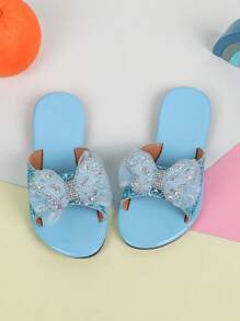 1 Pair Girls' Fashionable Glitter Butterfly Slide Sandals, Flat, Suitable For Summer