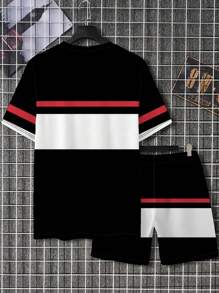 2 pièces ensemble t-shirt à manches courtes et shorts imprimé rayures graphiques, tenue de sport décontractée et ample pour hommes confortable
