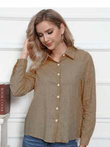Women's Cotton Linen Blouse Long Sleeves Plus Size - Brown - View 2