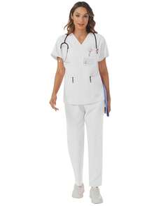 Conjunto de uniforme de ropa médica con top de manga corta cuello en V de unicolor y pantalones de cintura elástica con bolsillos múltiples - Blanco - Ver 4