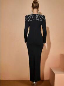 DEIVE TEGER Vestido largo, elegante y sexy de manga larga, ceñido y con diamantes incrustados, para mujer, ideal para fiestas, cenas formales, graduaciones, conciertos y eventos sociales importantes como bodas. - Negro - Ver 6