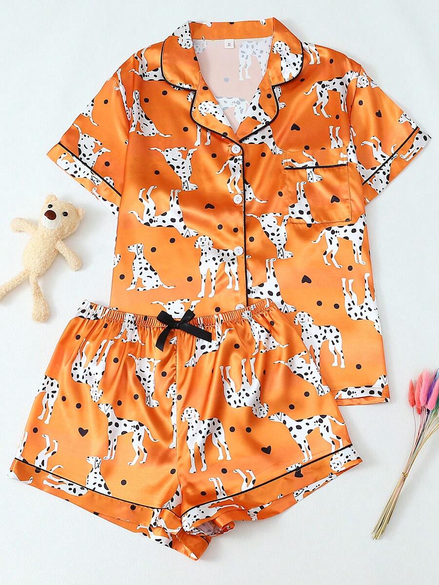 2pcs Satin Orange Polka Dot Dog Print Lapel Single-Breasted Short Sleeve Shirt And Bow Shorts Pajama Set For Women, Comfortable For Home And Holiday Wear, Spring/Summer - Orange - View 1