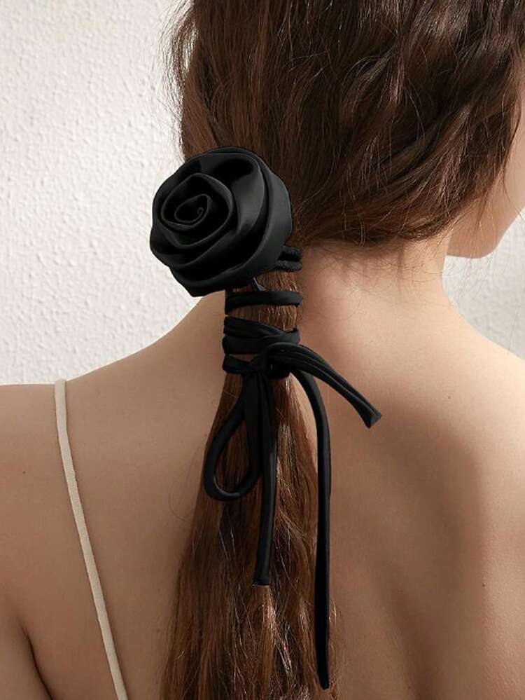 1pc Solid Color Casual Elegant Polyester Satin Rose Flower Ribbon Headband, Suitable For Daily Wear In All Seasons - Multicolor - View 1