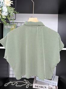 ELLIE Casual Striped Print Loose Cropped Shirt - 綠色條紋 - 查看 5