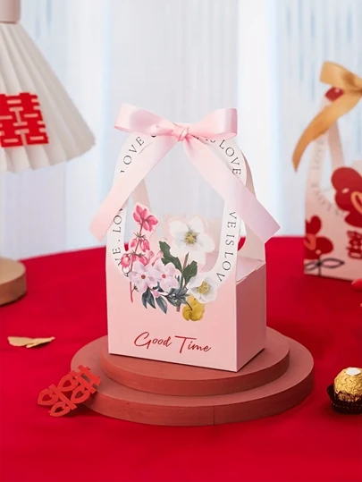 6/12件装新款创意粉色蝴蝶结丝带手持礼盒，印花手持盒，适用于饼干、糖果、巧克力等甜点和礼品，一款不错的礼品包装盒