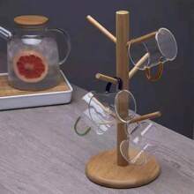 Estante de exhibición colgante para tazas de madera con 6 ganchos, forma de árbol, soporte de almacenamiento para tazas de café y té, soporte para vasos - KN24446BK - Ver 5