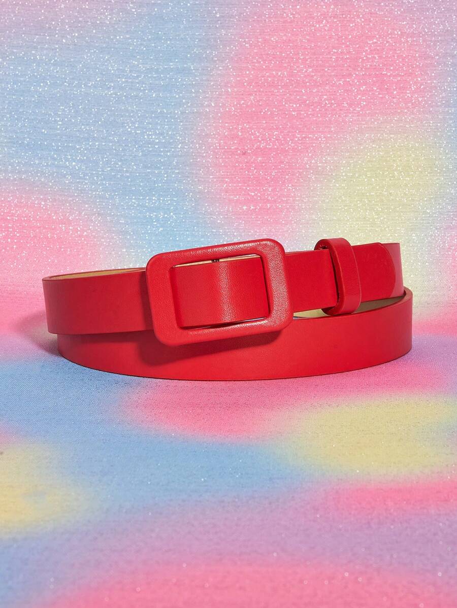 1 pieza Cinturón casual de moda de unicolor simple de piel de PU con hebilla rectangular para verano, escuela, otoño, Halloween - Rojo - Ver 1