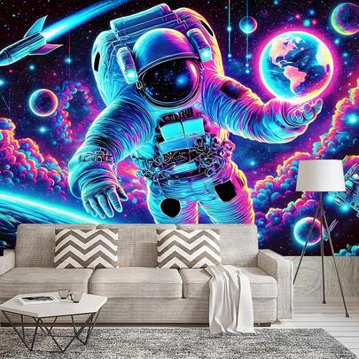 宇航员在太空中抱着行星 UV 反应挂毯宇宙探索墙壁艺术用于卧室客厅装饰天体冒险设计非常适合营造舒适的家居美学和梦幻氛围
