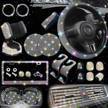 26-Piece Car Interior Diamond-Encrusted Set Steering Wheel Cover Mobile Phone Holder License Plate Frame Car Hook Water Cup Mat One-Button Start Ring Air Outlet Decorative Strip Set