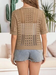 Women Solid Color Simple Casual Hollow Out Short Sleeve Cardigan