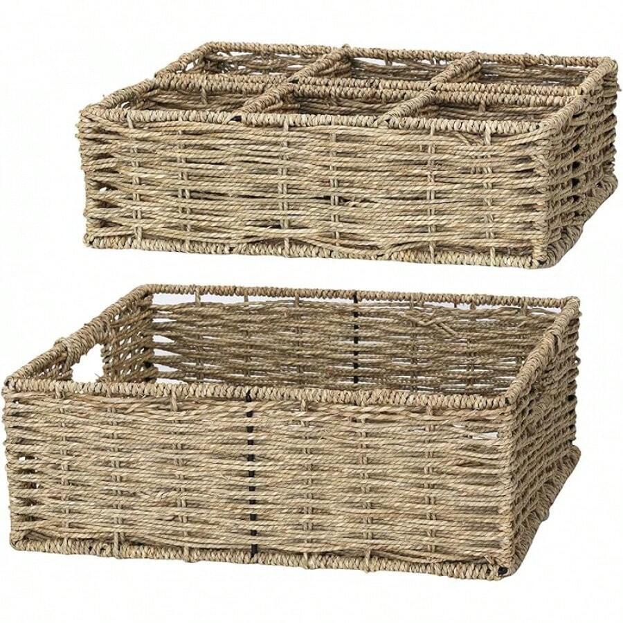 [3 件套，2 种尺寸] 海草储物篮，柳条马桶篮，水箱盖，手工编织天然储物篮，适用于架子、浴室、厨房（矩形，大号 15 英寸和小号 13.8 英寸）家居浴室装饰