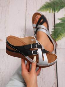 Plus Size Elegant Wedge Slip-On Women High Heel Sandals, Criss-Cross Strap Buckle Vacation Style Outdoor Roman Sandals, Fashion, Comfortable, Elegant, Casual, Beach Slippers, Wedge, Platform Sandals - Multicolor - View 2