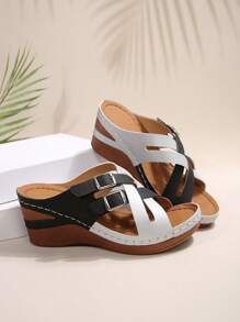 Plus Size Elegant Wedge Slip-On Women High Heel Sandals, Criss-Cross Strap Buckle Vacation Style Outdoor Roman Sandals, Fashion, Comfortable, Elegant, Casual, Beach Slippers, Wedge, Platform Sandals - Multicolor - View 4