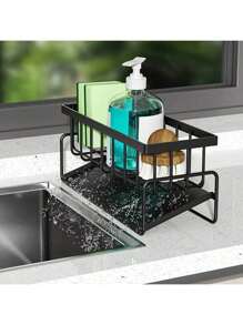 1 pieza Organizador de cocina, rejilla de drenaje para fregadero, soporte para esponja de encimera, estante de almacenamiento para dispensador de jabón y detergente - Negro - Ver 2
