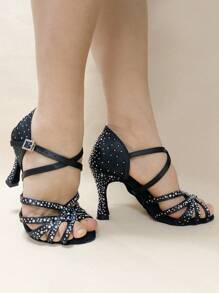 女士莎莎拉丁舞鞋 9 厘米高跟闪亮水钻黑色缎面绒面革鞋底室内舞蹈高跟鞋超柔软比赛舞鞋 - 黑色9cm - 查看 7