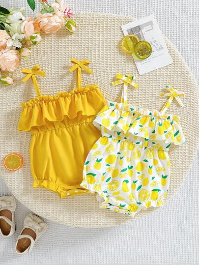 2pcs Baby Girls' Summer Fashion Solid Color & Fruit Print Suspender Bodysuit Set