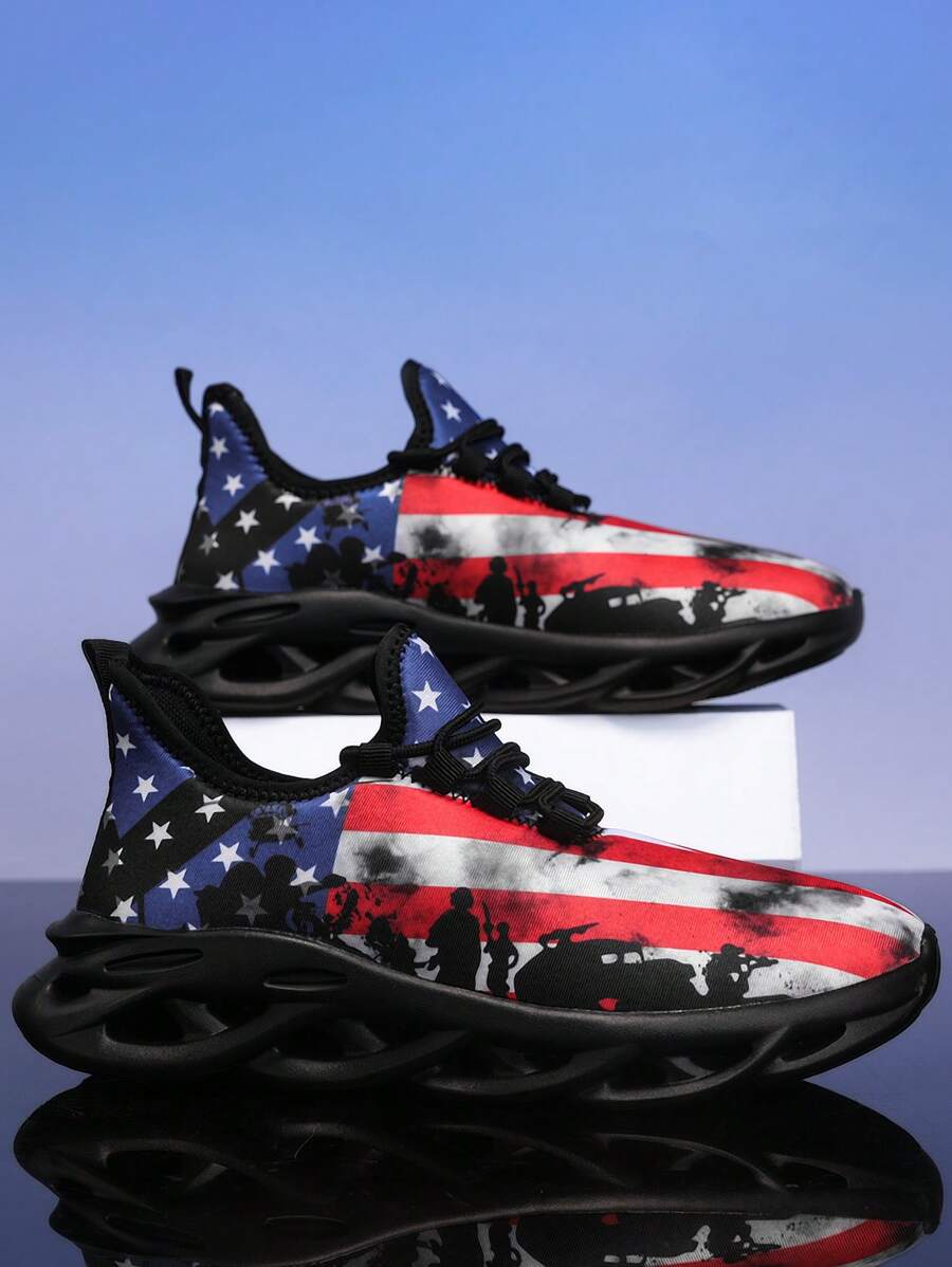 男士爱国跑鞋 - 透气网眼鞋面，带缓冲鞋底 - 低帮系带，适合跑步和休闲穿着