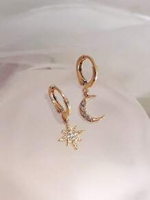 Asymmetric Star & Moon Rhinestone Earrings, Fashionable Minimalist Star Moon Design Ear Jewelry