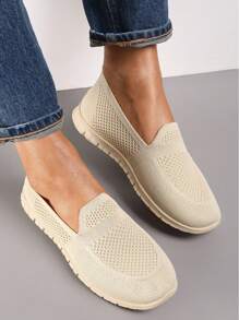 Zapatos de tela para mujer, zapatos planos de suela suave, cómodos, casuales, de malla, transpirables, sin cordones - Beis - Ver 1