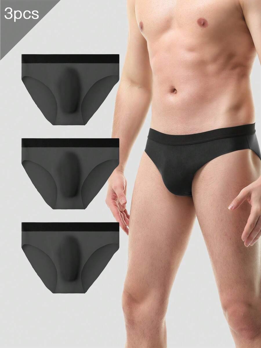 3pcs/Pack Men's 3D Molded Ice Silk Triangle Briefs, Breathable Sexy Underwear, Thin Summer Style - Black - View 1