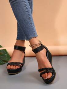Sandalias de cuña con correa de tobillo y hebilla, sandalias negras de moda para mujer