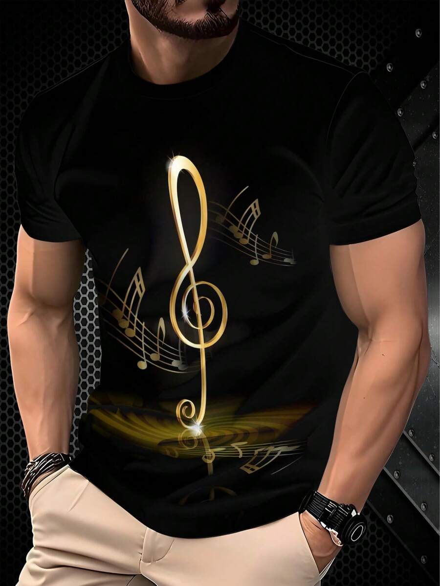 Fashionable & ! Black & Golden Treble Clef Music Note Printed Short Sleeve T-Shirt, Men's Casual Versatile Tee - Black - View 1