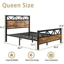 Wooden Bed Frame With Tall Headboard, Metal Platform Bed Frame With Headboard And Footboard, Under-Bed Storage, Easy Assemble, Brown/ Grey, Twin/ Full/ Queen/ King - 棕色 - 查看 8