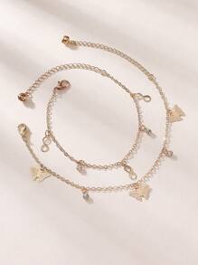 2pcs/Set Summer Sexy Gold Rhinestone Winged Butterfly & Star Anklet Set, Suitable For Women Daily Casual Beach Holiday Wear - Yellow Gold - View 11