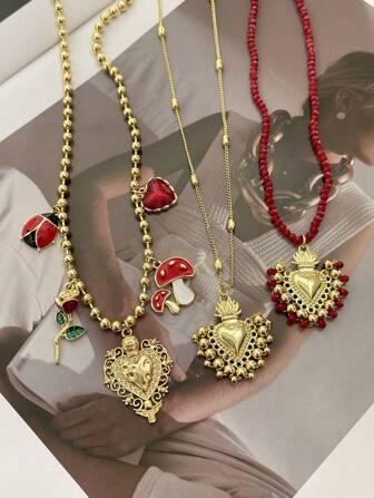 1 pieza Collar colgante con forma de flor, gota de aceite y seta con cuentas, de estilo elegante y lujoso, con diseño irregular en forma de amor, adecuado para el Día de San Valentín, regalos diarios, fiestas, citas, bodas y festivales. (Debido a la naturaleza especial del material del producto, puede haber una ligera diferencia de color entre los productos de cuentas rojas y las imágenes.)