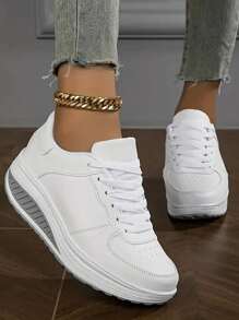 舒适的四季女士坡跟运动鞋 - 防水超细纤维材质，休闲系带，低帮设计 - 白色 - 查看 2