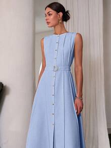Sollinarry 女士简约纯色无袖收腰长裙、办公室服装、教师服装 - 藍色 - 查看 5