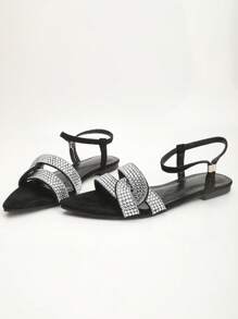 Women's Fashion Rhinestone Strap Twist Knot Pointed Toe Elegant Flat Sandals - Black - View 3