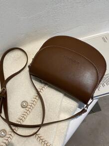 Letter Graphic Saddle Bag, Fashion Solid Color Crossbody Bag, Small Flap Purse For Women - Coffee Brown - View 6