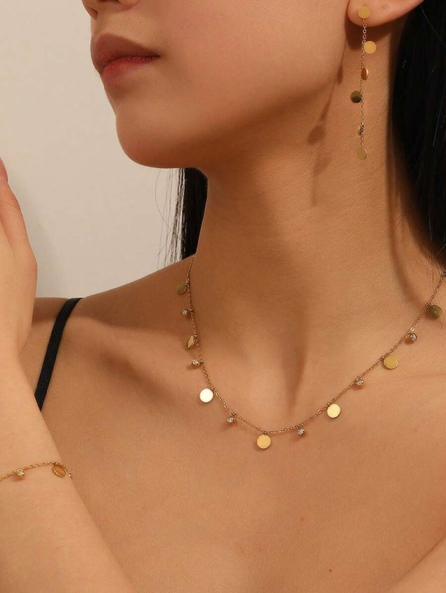 TONSI 1 套时尚奢华钛钢水晶圆盘耳环，女士日常配饰