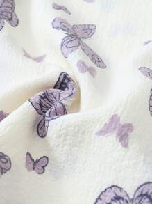 [Elegant Fields]2pcs Butterfly Print Collared Single-Breasted Short Sleeve Top With Pockets & Bowknot Shorts Pajama Set, Comfortable For Home Wear, Spring/Summer - White - View 8