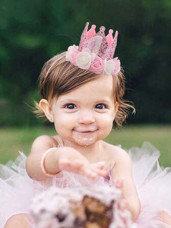 2 件 - 帽子 1 岁生日 1 岁女婴装饰礼物玫瑰金粉红色派对皇冠一岁花公主粉红色 3 英寸