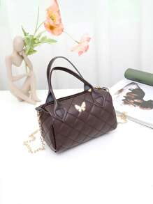 Butterfly Decor Pillow Bag, Girls Casual Shoulder Bag, Lightweight Hand Bag Cylinder Tote Bag - Coffee Brown - View 4