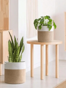 1 pieza Macetero de dos tonos hecho a mano, cesta de almacenamiento decorativa tejida, maceta de flores de jardín de paja, mimbre, ratán o hierba marina