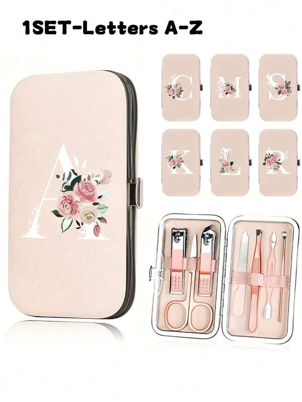 Conjunto de cortadores de unhas com 7 peças com letras A~Z, flores rosa e design inicial, estojo organizador portátil incluído, caixa de armazenamento para cuidados com as unhas de grande capacidade